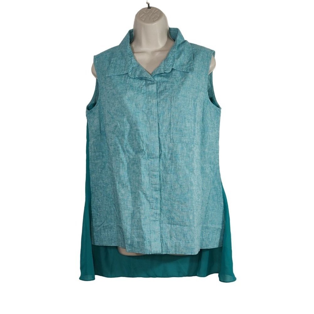 Vtg DG2 Diane Gilman Linen Button Up Top Size M Green Sleeveless Sheer Hi Low